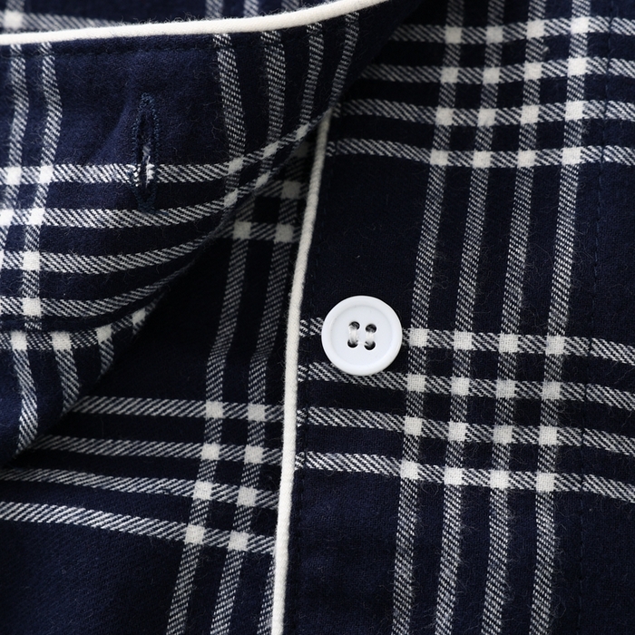 91家纺网 家纺一手货源 找家纺 伊嫚家居 2025新款无印日式双股全棉法兰绒家居服良品睡衣女纯棉直播秋冬款情侣睡衣 藏青色大格男