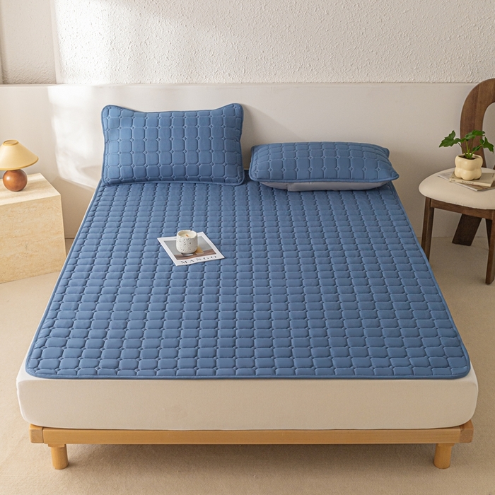 91家纺网 家纺一手货源 找家纺 欧邦 2025春夏新款四季款无印风纯色水洗棉床褥榻榻米床垫 床笠-深蓝