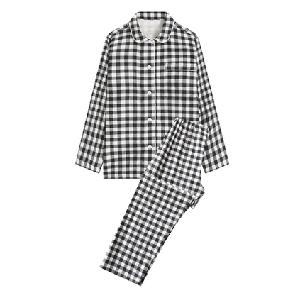 伊嫚家居 2025新款无印日式双股全棉法兰绒家居服良品睡衣女纯棉直播秋冬款情侣睡衣 碳灰小格女