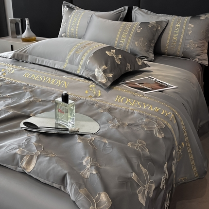 91家纺网 家纺一手货源 找家纺 金阳光家纺 2025新款金丝提花浮雕水洗天丝夏被四件套 情结-灰