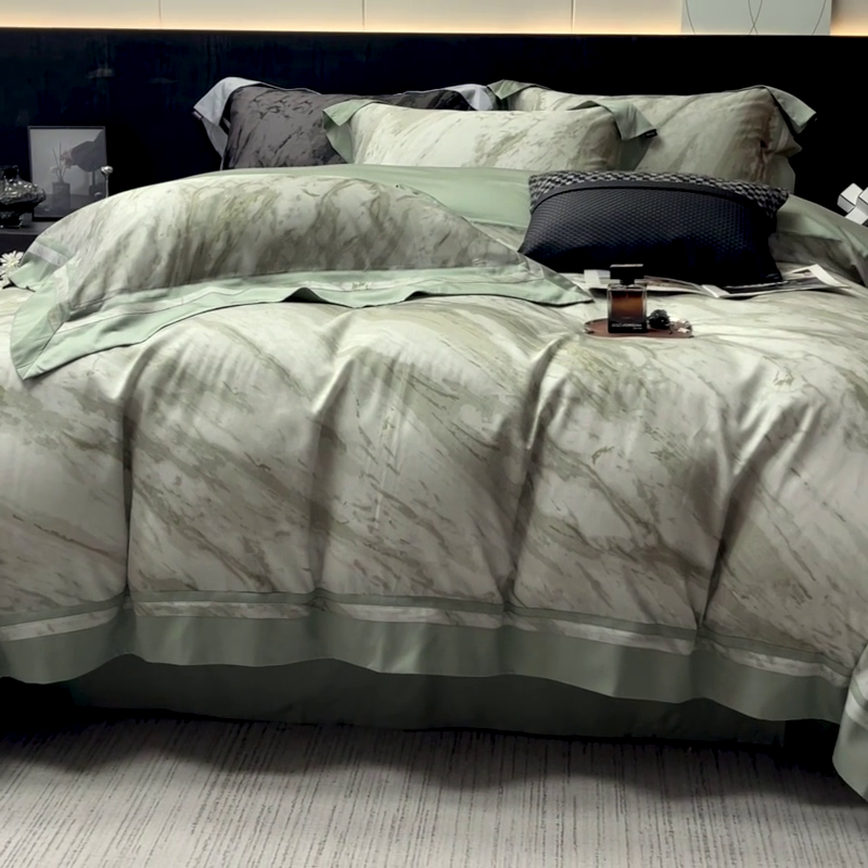 91家纺网 家纺一手货源 找家纺  2025新品A类100支天丝棉夹棉床盖床笠四件套全棉纯棉床单加厚高端数码印花长绒棉夏季轻奢真丝床上用品 布里奇-绿