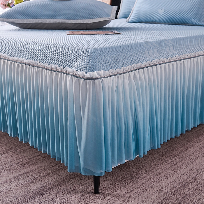 91家纺网 家纺一手货源 找家纺 尚品凤凰2025新款凉感床裙渐变色豆豆席床裙凉席直角席 凉席席子 爱心床裙  蓝色