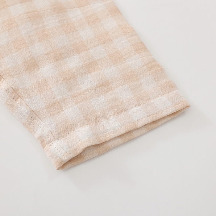 91家纺网 家纺一手货源 找家纺 伊嫚家居 2025新款日式无印风良品全棉双层纱睡衣女纯棉短袖短裤睡衣夏季纯棉短袖家居服 米色格女