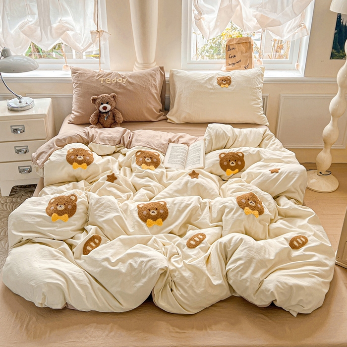 91家纺网 家纺一手货源 找家纺 海岛哥哥 2025新款云柔棉毛巾绣 四件套 毛巾绣-面包小熊