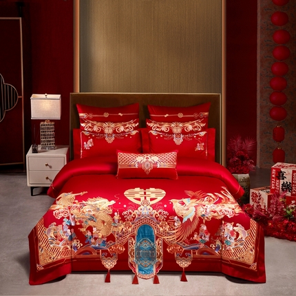 用心 2025新款长绒棉重工绣婚庆四件套 龙凤百子