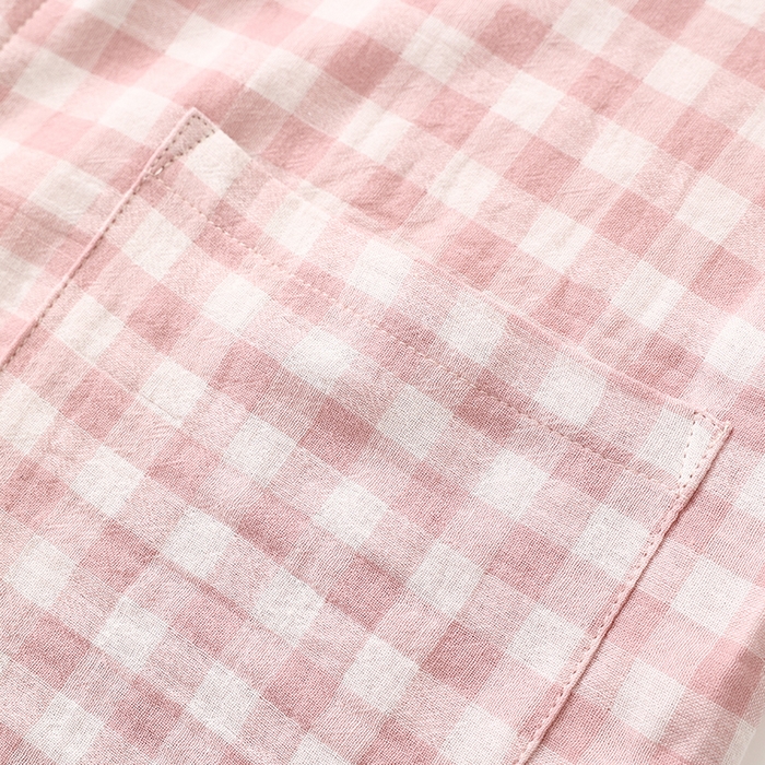 91家纺网 家纺一手货源 找家纺 伊嫚家居 2025新款日式无印风良品全棉双层纱睡衣女纯棉短袖短裤睡衣夏季纯棉短袖家居服 粉小格女