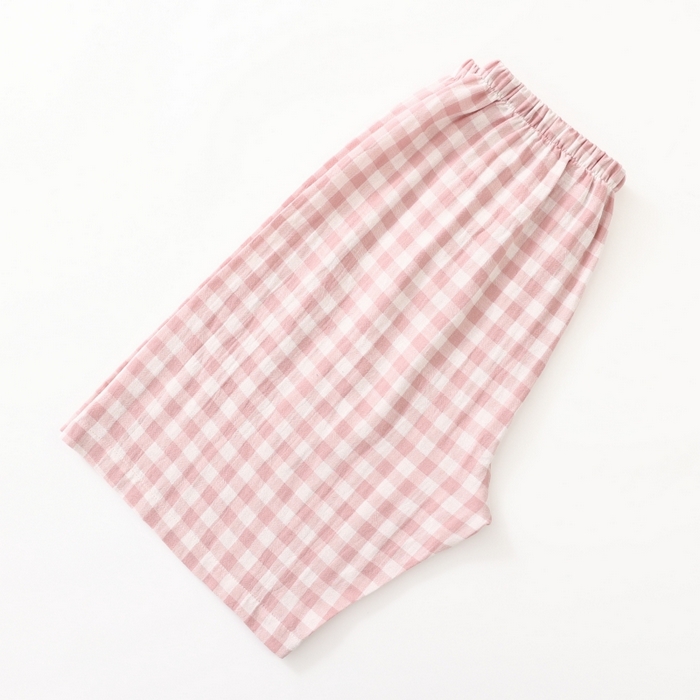 91家纺网 家纺一手货源 找家纺 伊嫚家居 2025新款日式无印风良品全棉双层纱睡衣女纯棉短袖短裤睡衣夏季纯棉短袖家居服 粉小格女