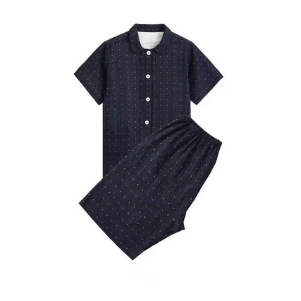 91家纺网 家纺一手货源 找家纺 伊嫚家居 2025新款日式无印风良品全棉双层纱睡衣女纯棉短袖短裤睡衣夏季纯棉短袖家居服 藏青波点女