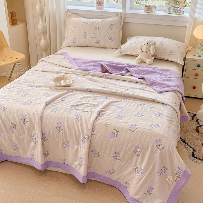 91家纺网 家纺一手货源 找家纺 雪鲨家纺  2025新款A类水洗棉夏被新疆棉花夏凉被空调被可机洗薄被子被芯 郁金香紫