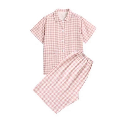 伊嫚家居 2025新款日式无印风良品全棉双层纱睡衣女纯棉短袖短裤睡衣夏季纯棉短袖家居服 粉小格女