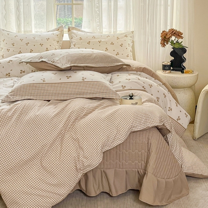 2026春夏新款拼色提花双层纱古法水洗床盖四件套提花云感棉 啵啵熊