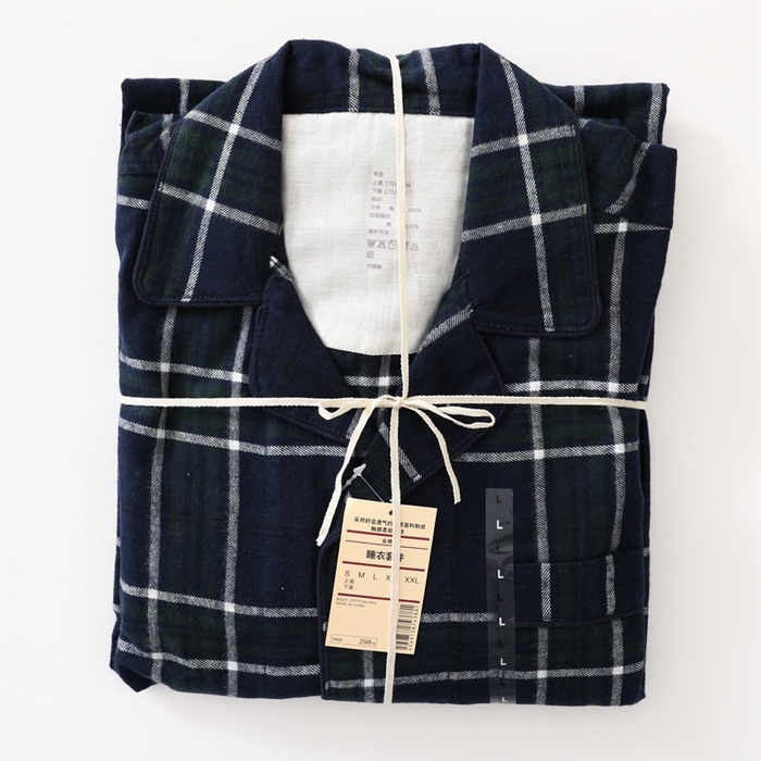 91家纺网 家纺一手货源 找家纺 伊嫚家居 2025新款无印日式双股全棉法兰绒家居服良品睡衣女纯棉直播秋冬款情侣睡衣 深绿色图案男