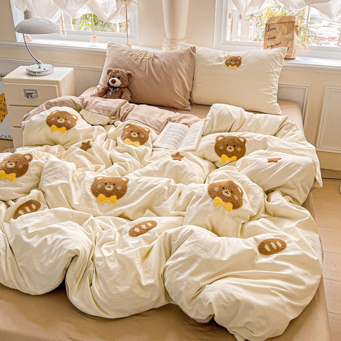 91家纺网 家纺一手货源 找家纺 海岛哥哥 2025新款云柔棉毛巾绣 四件套 毛巾绣-面包小熊