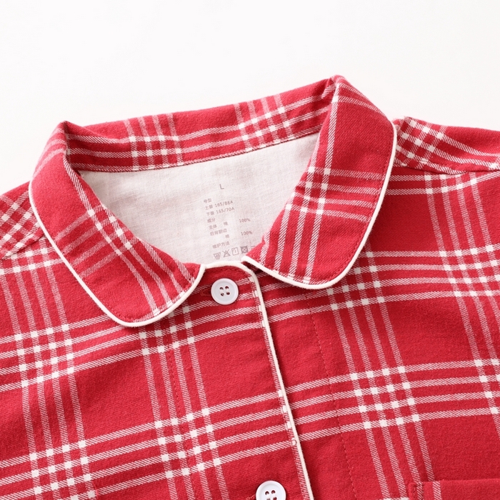 91家纺网 家纺一手货源 找家纺 伊嫚家居 2025新款无印日式双股全棉法兰绒家居服良品睡衣女纯棉直播秋冬款情侣睡衣 红色大格