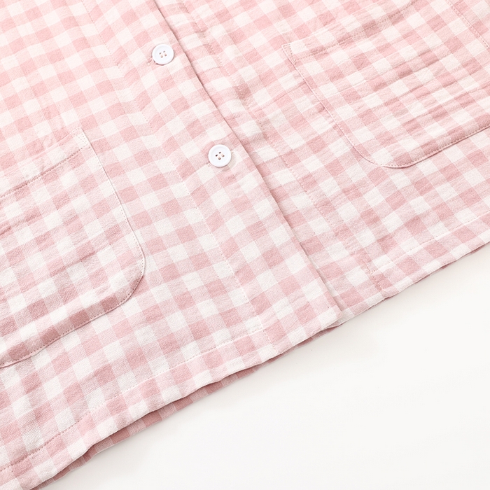 91家纺网 家纺一手货源 找家纺 伊嫚家居 2025新款日式无印风良品全棉双层纱睡衣女纯棉短袖短裤睡衣夏季纯棉短袖家居服 粉小格女