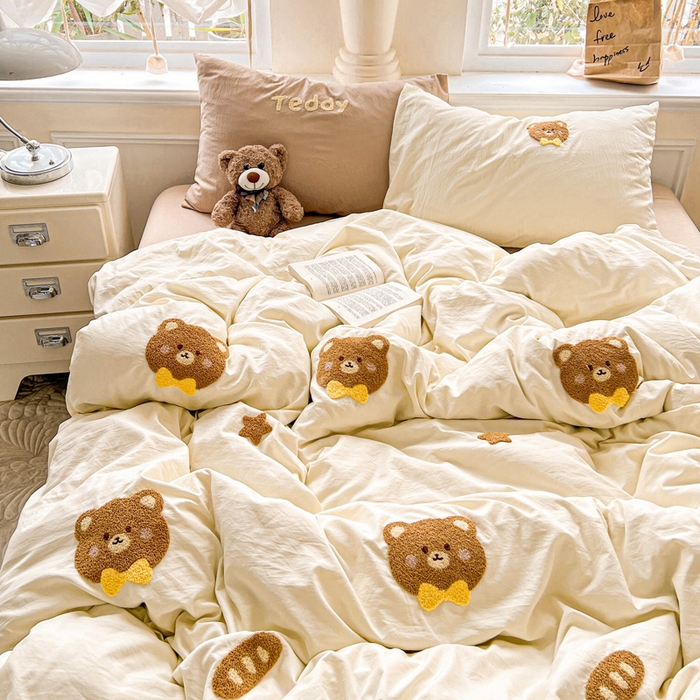 91家纺网 家纺一手货源 找家纺 海岛哥哥 2025新款云柔棉毛巾绣 四件套 毛巾绣-面包小熊