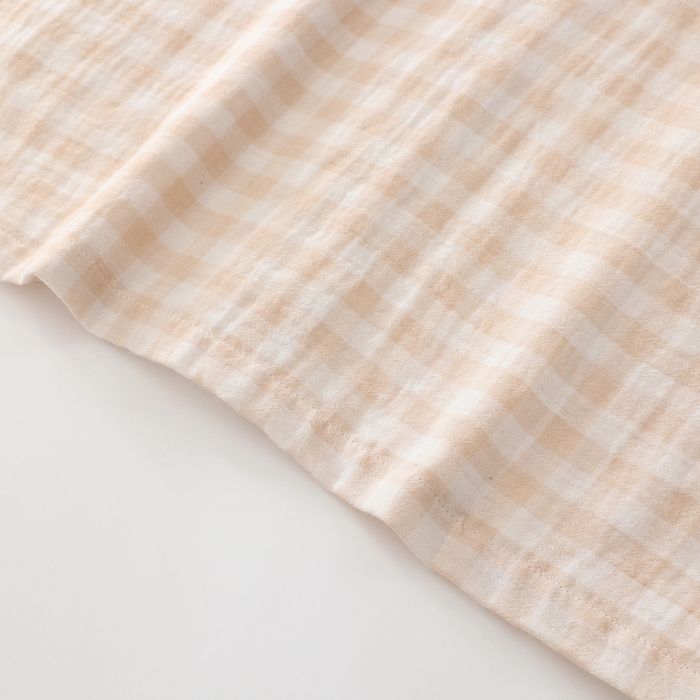 91家纺网 家纺一手货源 找家纺 伊嫚家居 2025新款日式无印风良品全棉双层纱睡衣女纯棉短袖短裤睡衣夏季纯棉短袖家居服 米色格女