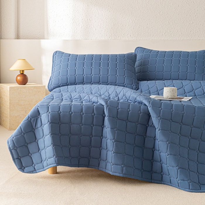 91家纺网 家纺一手货源 找家纺 欧邦 2025春夏新款四季款无印风纯色水洗棉床褥榻榻米床垫 床笠-深蓝