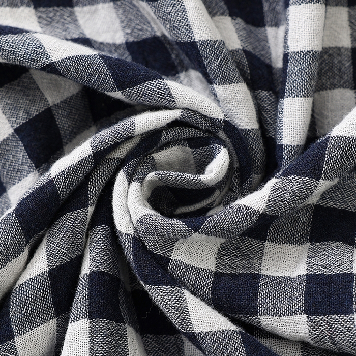 91家纺网 家纺一手货源 找家纺 伊嫚家居 2025新款日式无印风良品全棉双层纱睡衣女纯棉短袖短裤睡衣夏季纯棉短袖家居服 藏青小格女