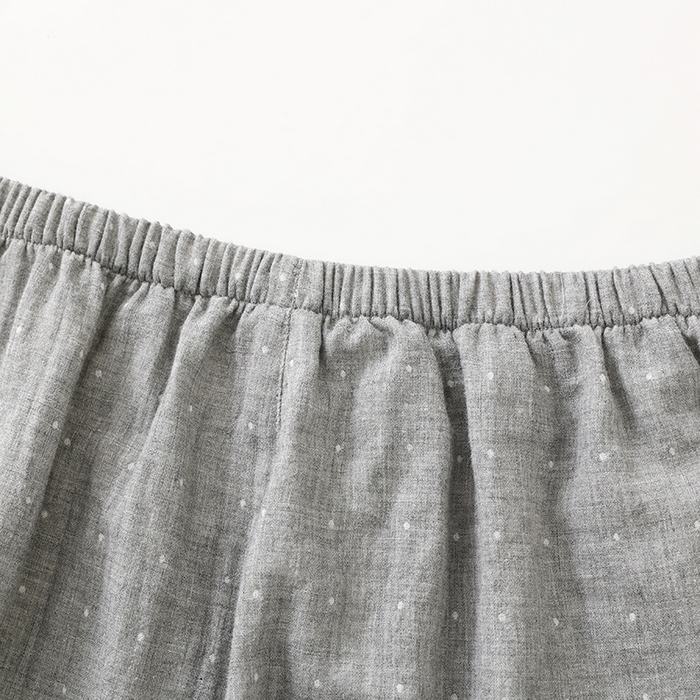 91家纺网 家纺一手货源 找家纺 伊嫚家居 2025新款日式无印风良品全棉双层纱睡衣女纯棉短袖短裤睡衣夏季纯棉短袖家居服 灰色波点男