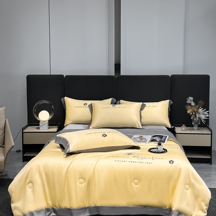 91家纺网 家纺一手货源 找家纺 仔仔熊 2025新款水洗真丝夏凉被四件套-春暖花开系列 春暖花开 云初黄-中灰