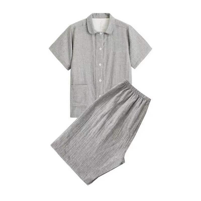 91家纺网 家纺一手货源 找家纺 伊嫚家居 2025新款日式无印风良品全棉双层纱睡衣女纯棉短袖短裤睡衣夏季纯棉短袖家居服 灰色波点女