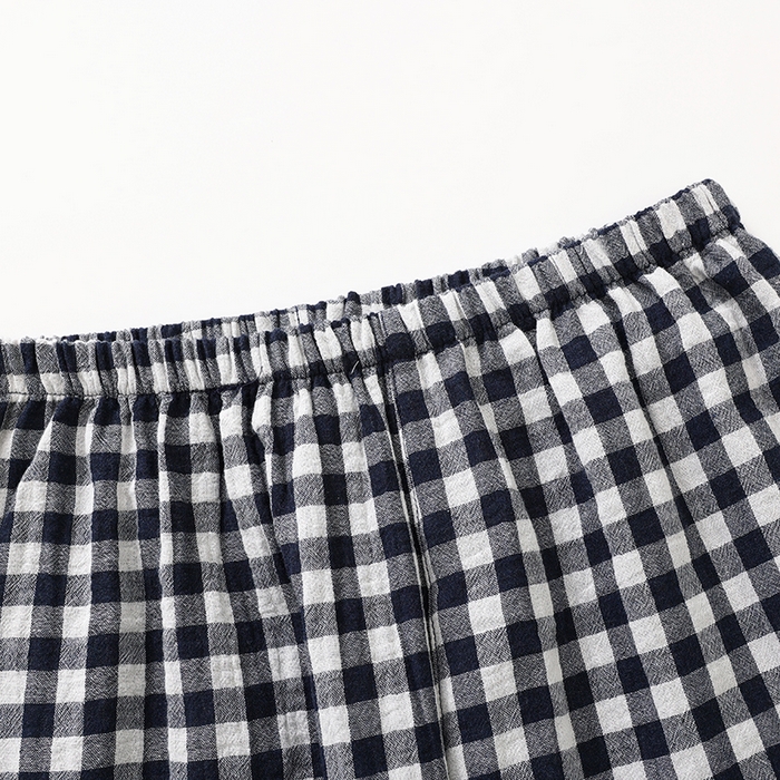 91家纺网 家纺一手货源 找家纺 伊嫚家居 2025新款日式无印风良品全棉双层纱睡衣女纯棉短袖短裤睡衣夏季纯棉短袖家居服 藏青小格女