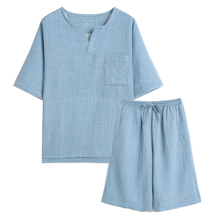 91家纺网 家纺一手货源 找家纺 （总）伊嫚家居日式无印风良品全棉双层纱睡衣男纯棉短袖睡衣夏季皱纱短裤家居服