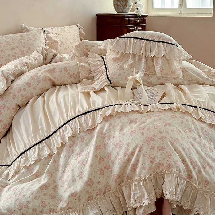 91家纺网 家纺一手货源 找家纺 婳庭家居 2025新款双层纱褶皱花边款四件套 玫瑰故事