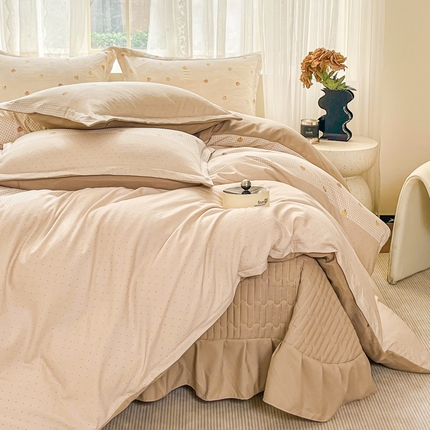 2026春夏新款拼色提花双层纱古法水洗床盖四件套提花云感棉 南瓜派咖