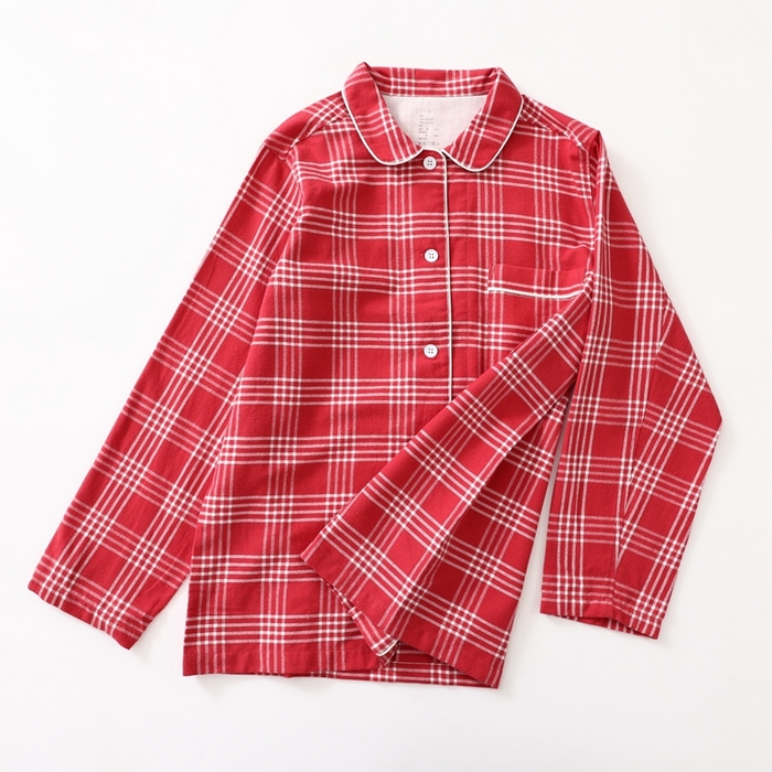 91家纺网 家纺一手货源 找家纺 伊嫚家居 2025新款无印日式双股全棉法兰绒家居服良品睡衣女纯棉直播秋冬款情侣睡衣 红色大格