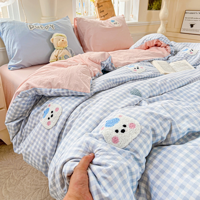 91家纺网 家纺一手货源 找家纺 海岛哥哥 2025新款云柔棉毛巾绣 四件套 毛巾绣-帽子小狗