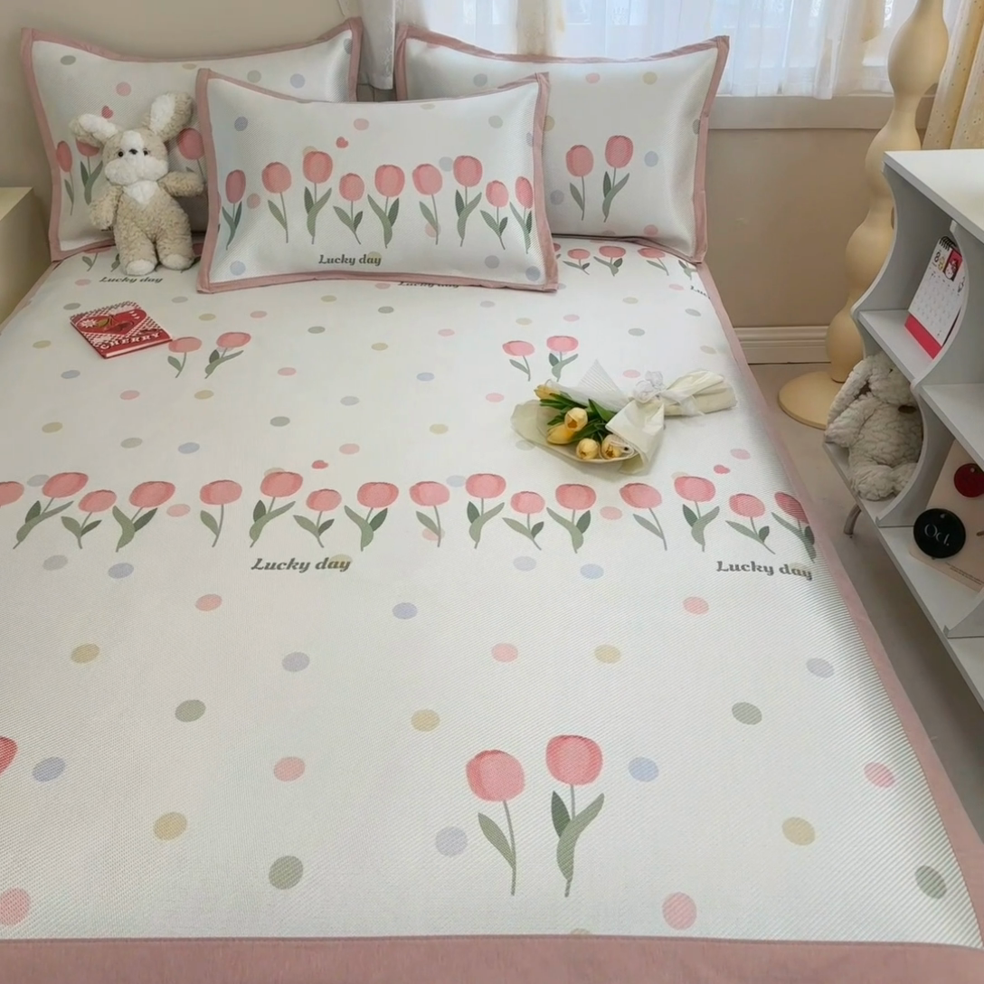 91家纺网 家纺一手货源 找家纺 典曼家纺 2025新款600D数码印花冰藤席席子凉席-床席款 浪漫郁金香