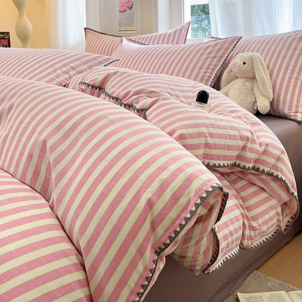 莱茵家居 2025新款全棉色织水洗棉贝壳包边四件套生椰系列 草莓奶露