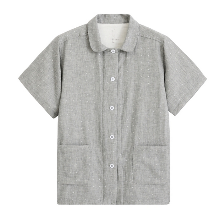 91家纺网 家纺一手货源 找家纺 伊嫚家居 2025新款日式无印风良品全棉双层纱睡衣女纯棉短袖短裤睡衣夏季纯棉短袖家居服 灰色波点男