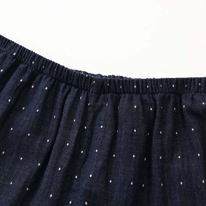 91家纺网 家纺一手货源 找家纺 伊嫚家居 2025新款日式无印风良品全棉双层纱睡衣女纯棉短袖短裤睡衣夏季纯棉短袖家居服 藏青波点男