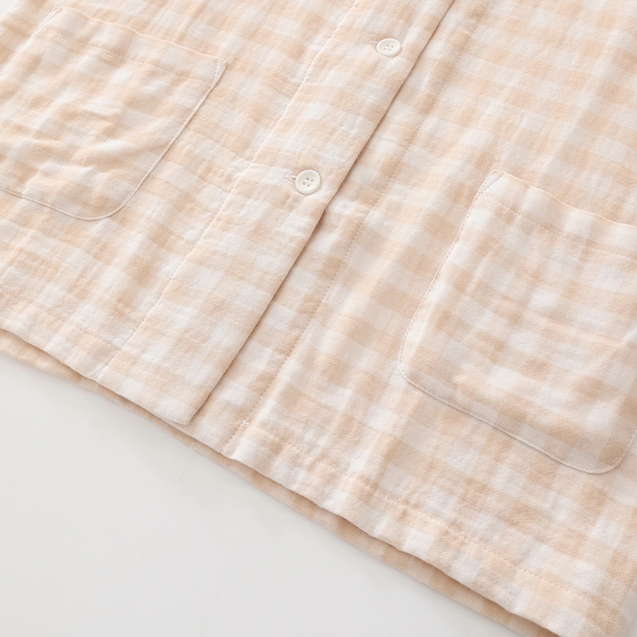 91家纺网 家纺一手货源 找家纺 伊嫚家居 2025新款日式无印风良品全棉双层纱睡衣女纯棉短袖短裤睡衣夏季纯棉短袖家居服 米色格女