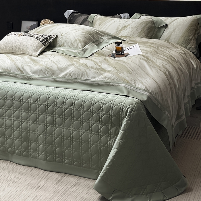 91家纺网 家纺一手货源 找家纺  2025新品A类100支天丝棉夹棉床盖床笠四件套全棉纯棉床单加厚高端数码印花长绒棉夏季轻奢真丝床上用品 布里奇-绿