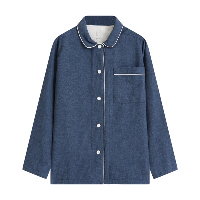 91家纺网 家纺一手货源 找家纺 伊嫚家居 2025新款无印日式双股全棉法兰绒家居服良品睡衣女纯棉直播秋冬款情侣睡衣 海军蓝纯色女