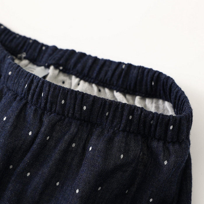 91家纺网 家纺一手货源 找家纺 伊嫚家居 2025新款日式无印风良品全棉双层纱睡衣女纯棉短袖短裤睡衣夏季纯棉短袖家居服 藏青波点男