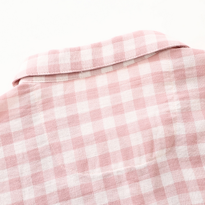 91家纺网 家纺一手货源 找家纺 伊嫚家居 2025新款日式无印风良品全棉双层纱睡衣女纯棉短袖短裤睡衣夏季纯棉短袖家居服 粉小格女