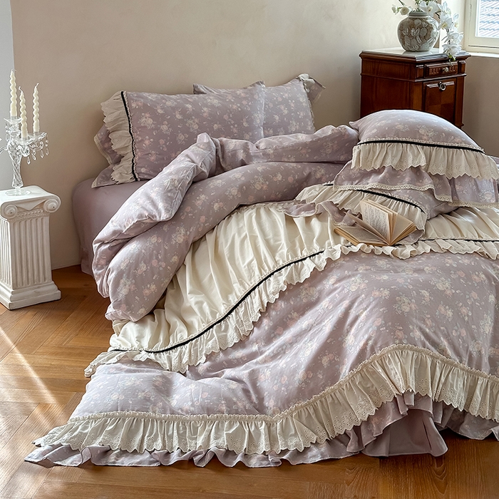 91家纺网 家纺一手货源 找家纺 婳庭家居 2025新款双层纱褶皱花边款四件套 紫萱