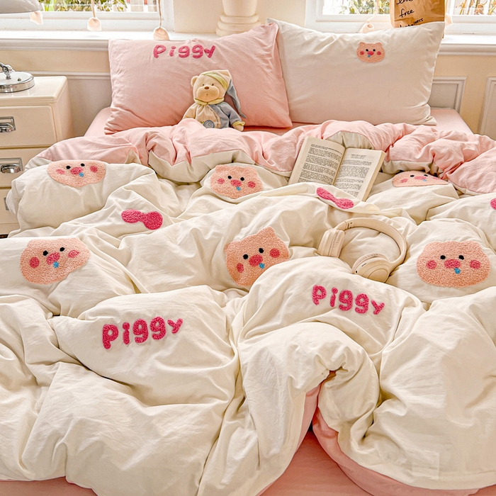 91家纺网 家纺一手货源 找家纺 海岛哥哥 2025新款云柔棉毛巾绣 四件套 毛巾绣-可爱小猪