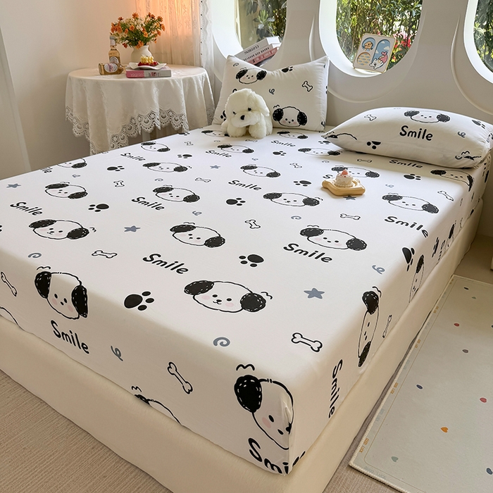 91家纺网 家纺一手货源 找家纺 十一家居 2025新款ins韩系卡通印花亲肤水洗棉床笠 微笑狗狗
