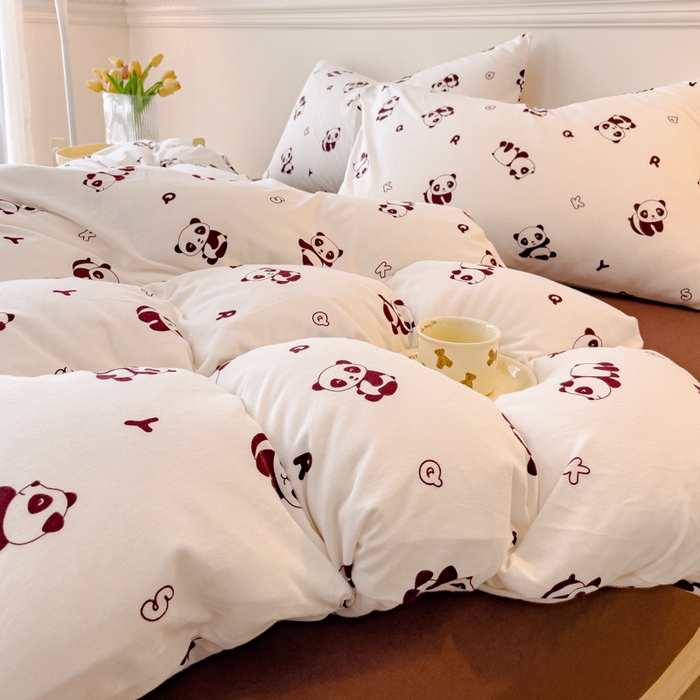 91家纺网 家纺一手货源 找家纺 伊嫚家居 新款日式新品全棉针织棉A类活性印花四件套天竺棉小碎花复古亲肤被罩床笠款套件 可爱熊猫