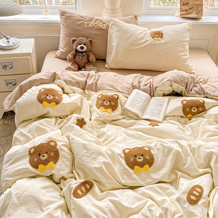 91家纺网 家纺一手货源 找家纺 海岛哥哥 2025新款云柔棉毛巾绣 四件套 毛巾绣-面包小熊