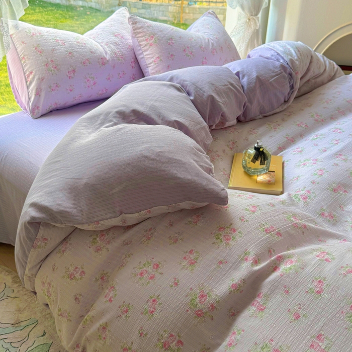 91家纺网 家纺一手货源 找家纺 王朝国际 2025新款直播热款有氧提花有氧双层纱碎花单被套 紫陌