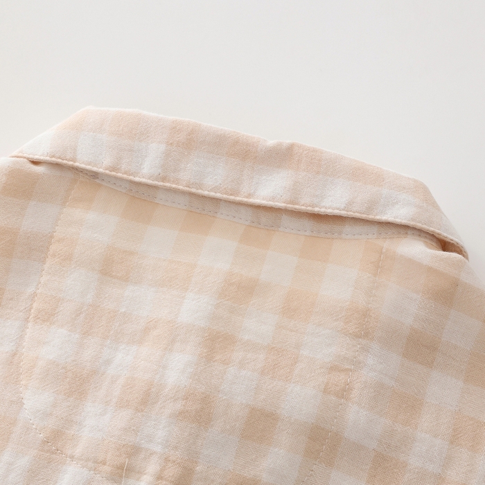 91家纺网 家纺一手货源 找家纺 伊嫚家居 2025新款日式无印风良品全棉双层纱睡衣女纯棉短袖短裤睡衣夏季纯棉短袖家居服 米色格女