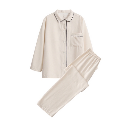 伊嫚家居 2025新款无印日式双股全棉法兰绒家居服良品睡衣女纯棉直播秋冬款情侣睡衣 奶酪色女