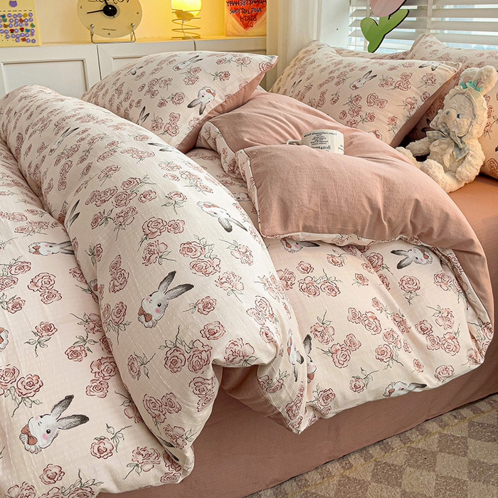 91家纺网 家纺一手货源 找家纺 王朝国际 2025新款直播热款有氧提花有氧双层纱碎花单被套 花与兔